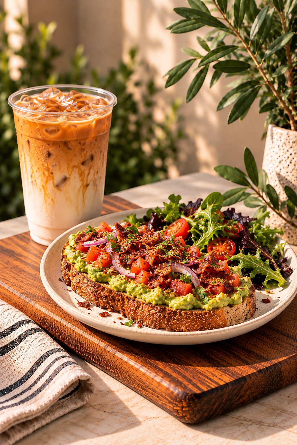 Avocado toast with bacon, tomato and red onion and an iced latte