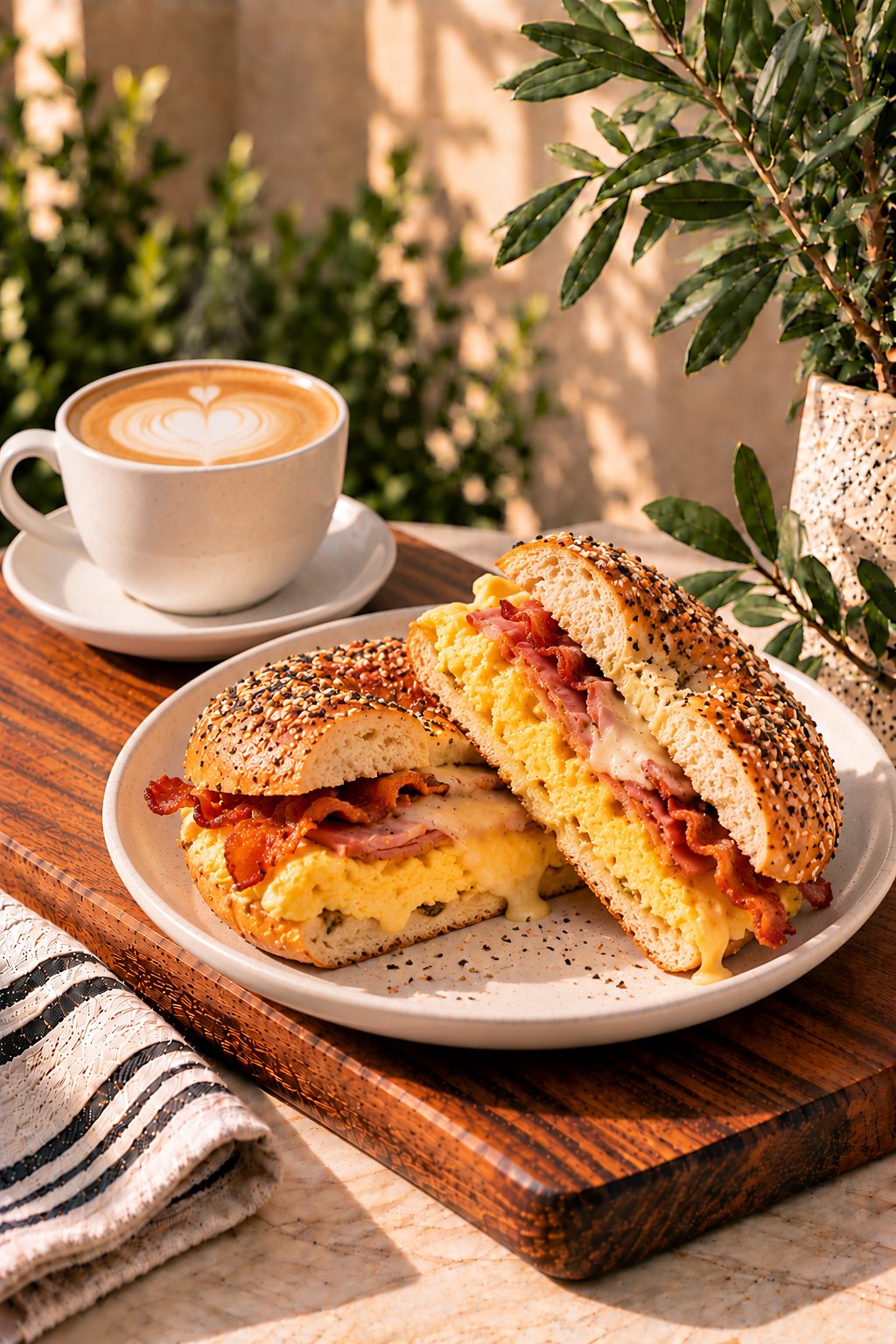 Everything bagel breakfast sandwich and a hot latte