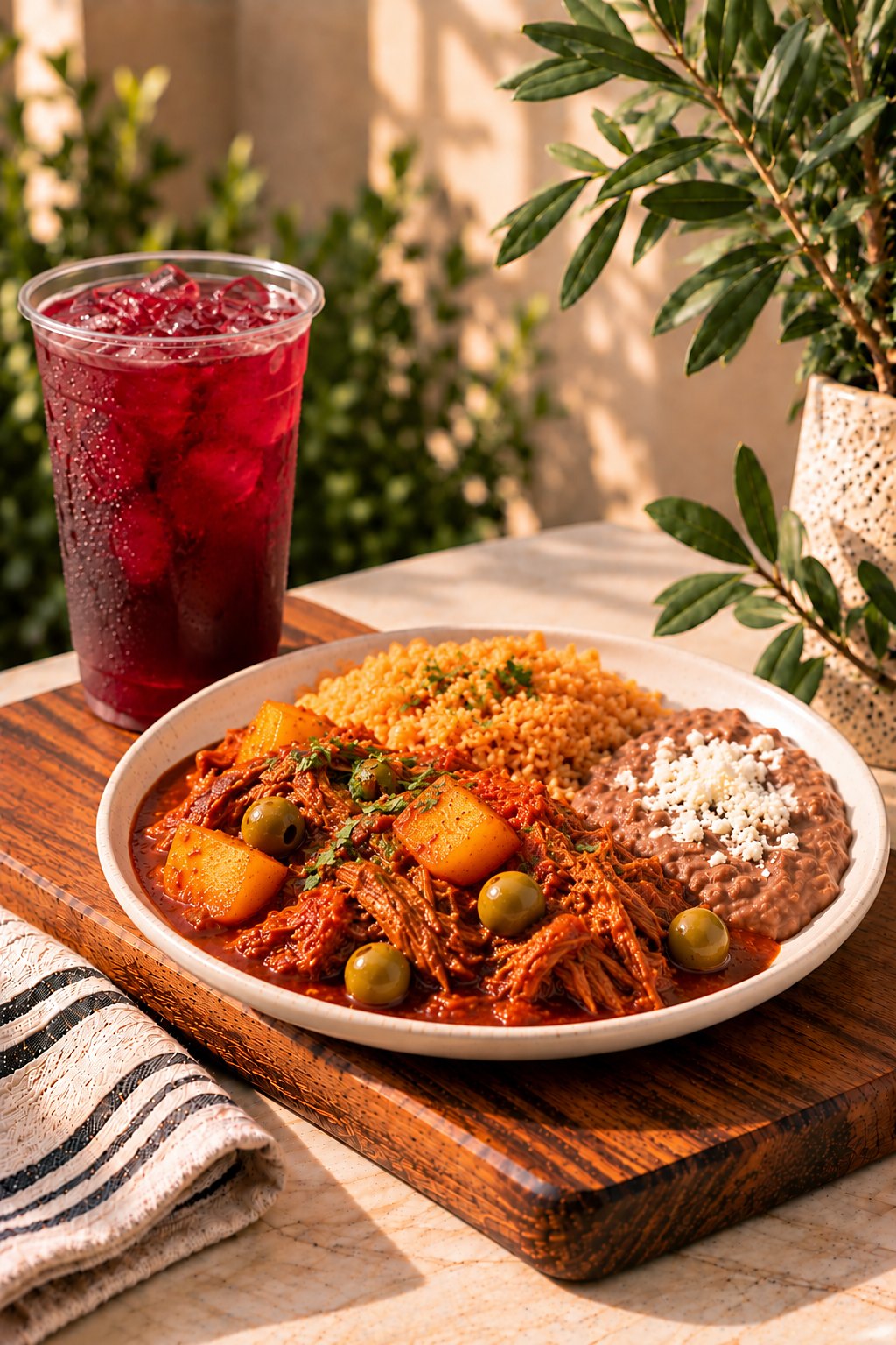 Barbacoa Sinaloa style with green olives and potatoes, rice and refried beans