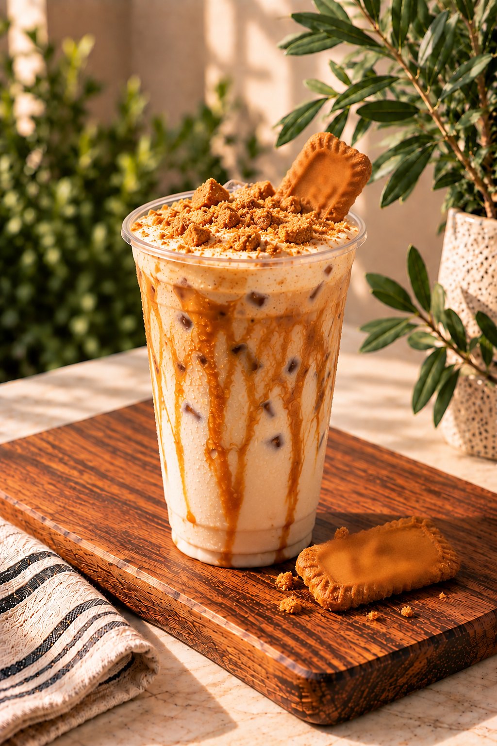 Iced Biscoff latte with cookie butter drizzle