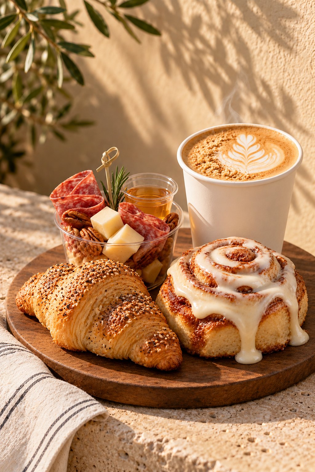 Everything croissant, cinnamon roll, charcuterie cup and a hot latte
