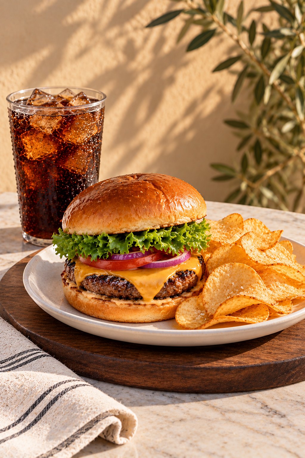 Cheeseburger with potato chips and an iced cola