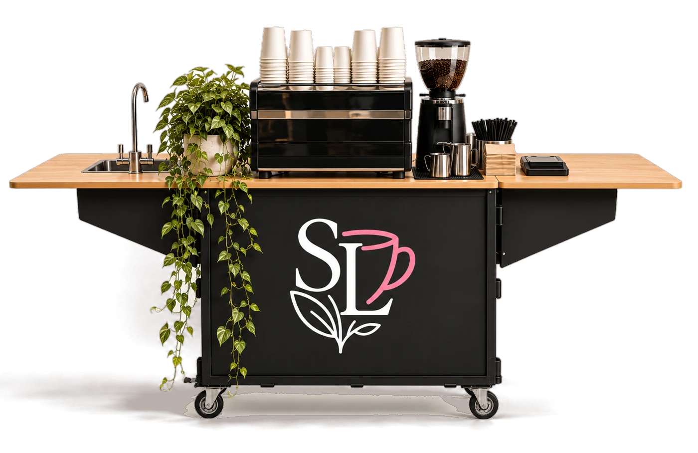 The Sabor Latino drinks cart with espresso machine, grinder, cups and a trailing plant
