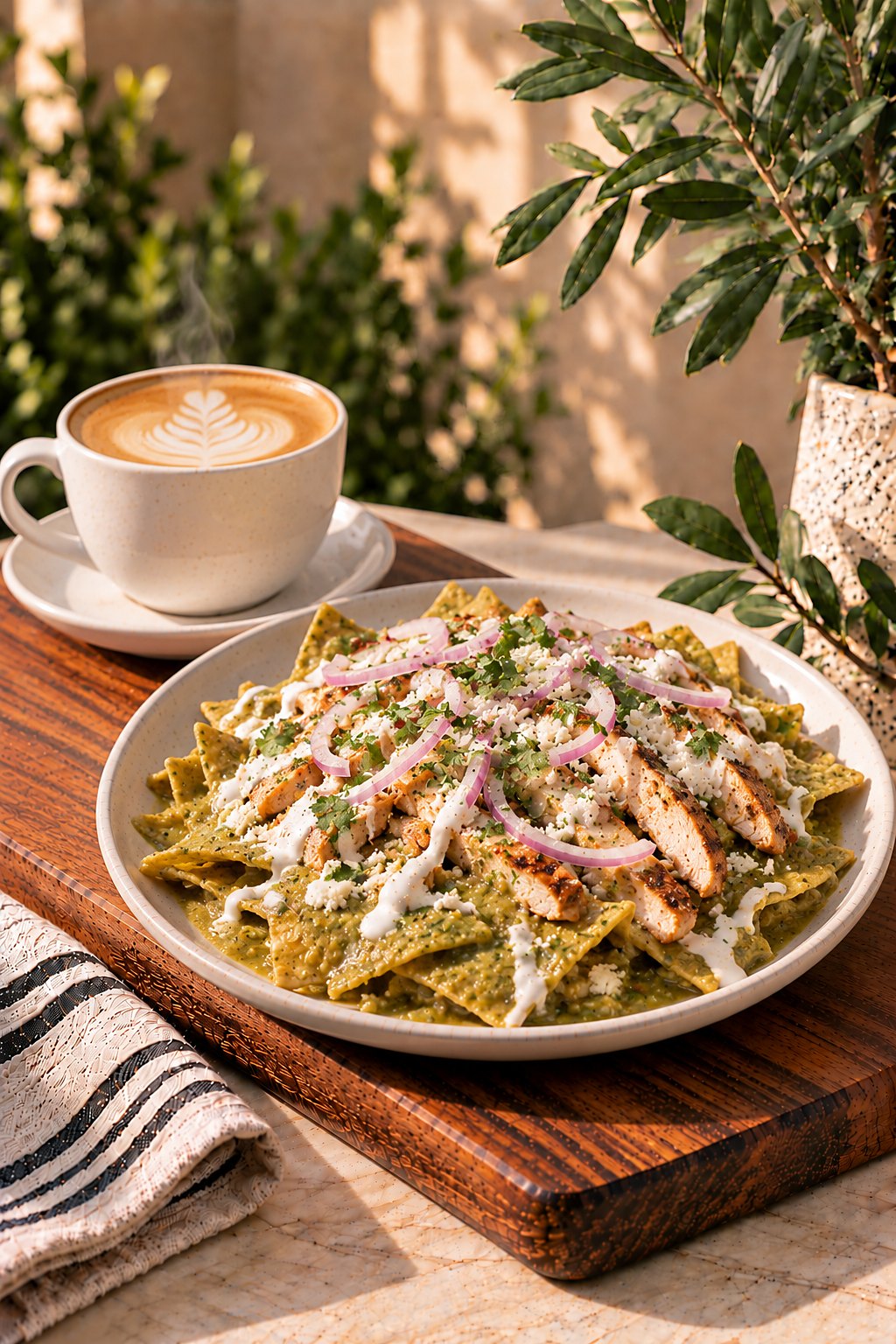 Green chilaquiles with grilled chicken and a hot latte