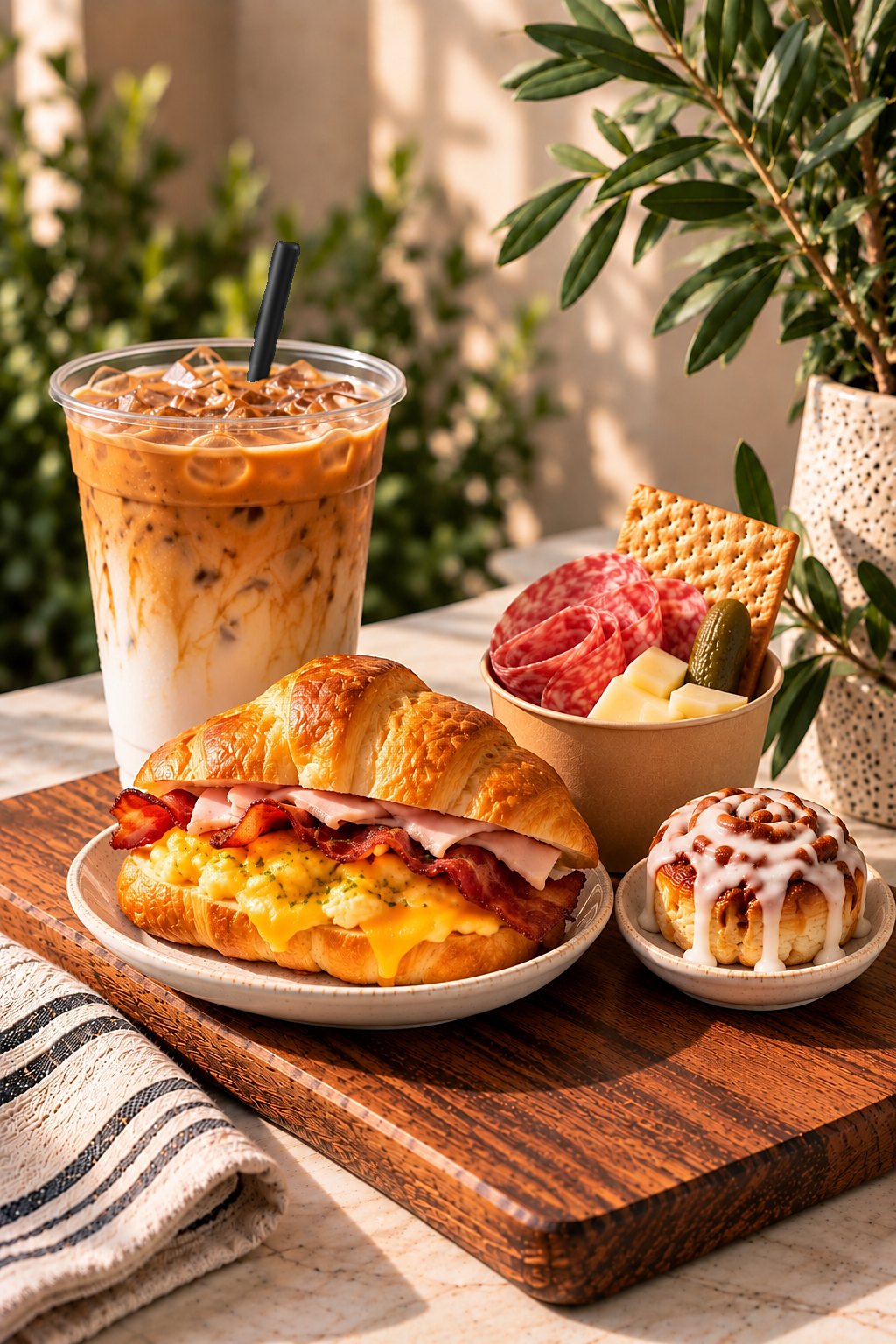 Croissant breakfast sandwich, iced latte and charcuterie cup