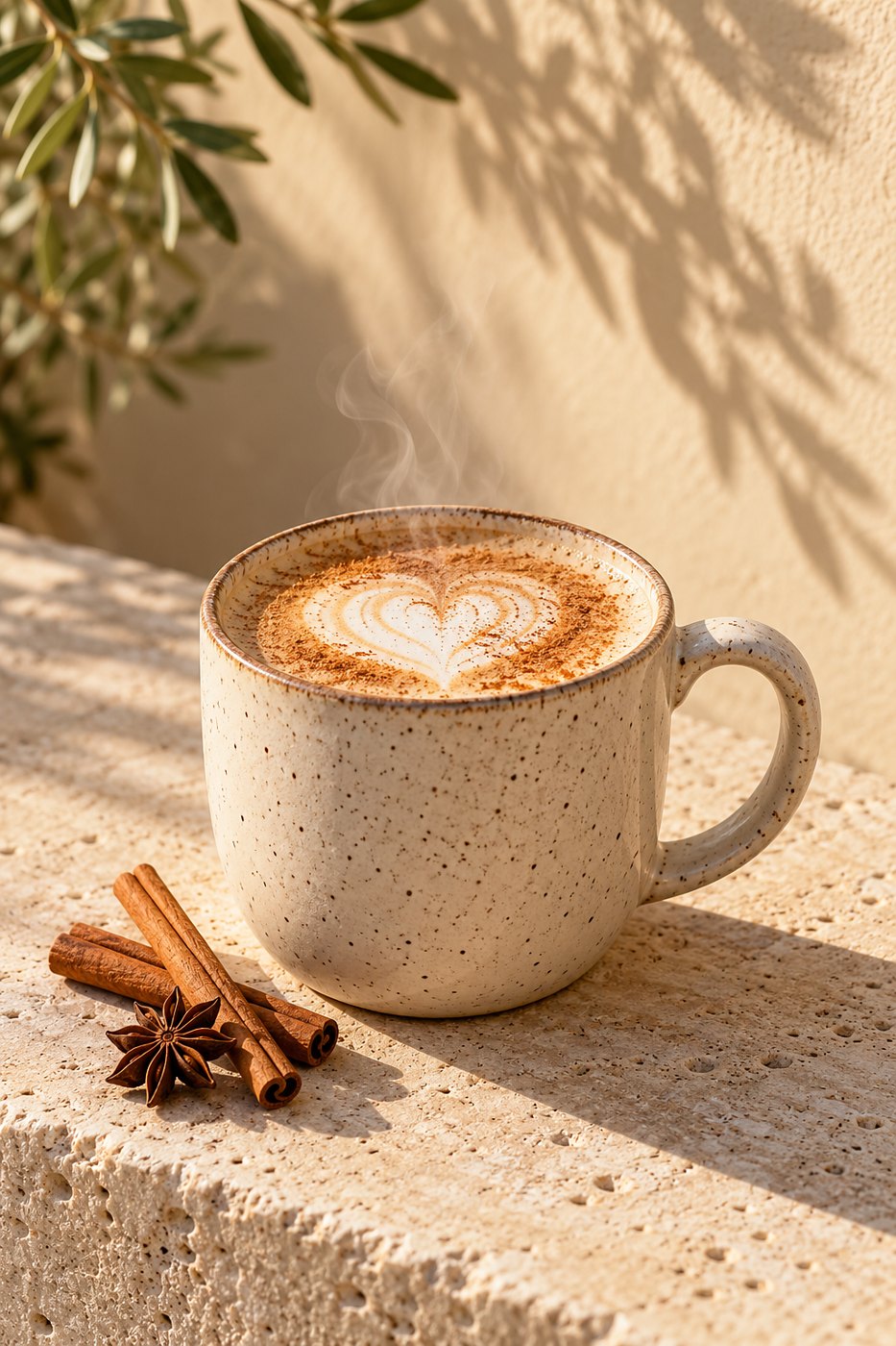Hot chai latte with cinnamon sticks and star anise