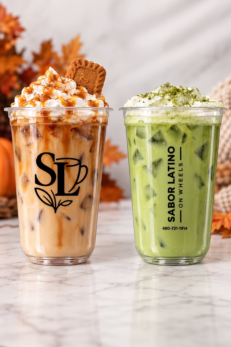 Iced Biscoff latte with whipped cream and an iced matcha latte in Sabor Latino cups