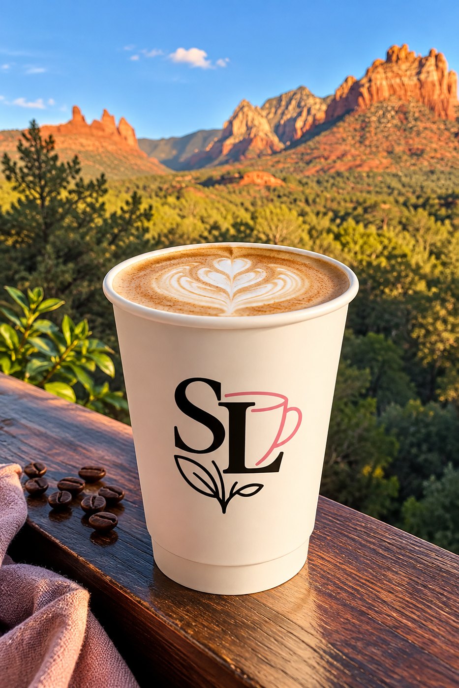 Hot latte in a Sabor Latino cup with red rock mountains behind