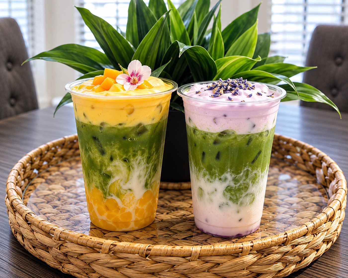 Mango boba matcha and lavender matcha on a woven tray
