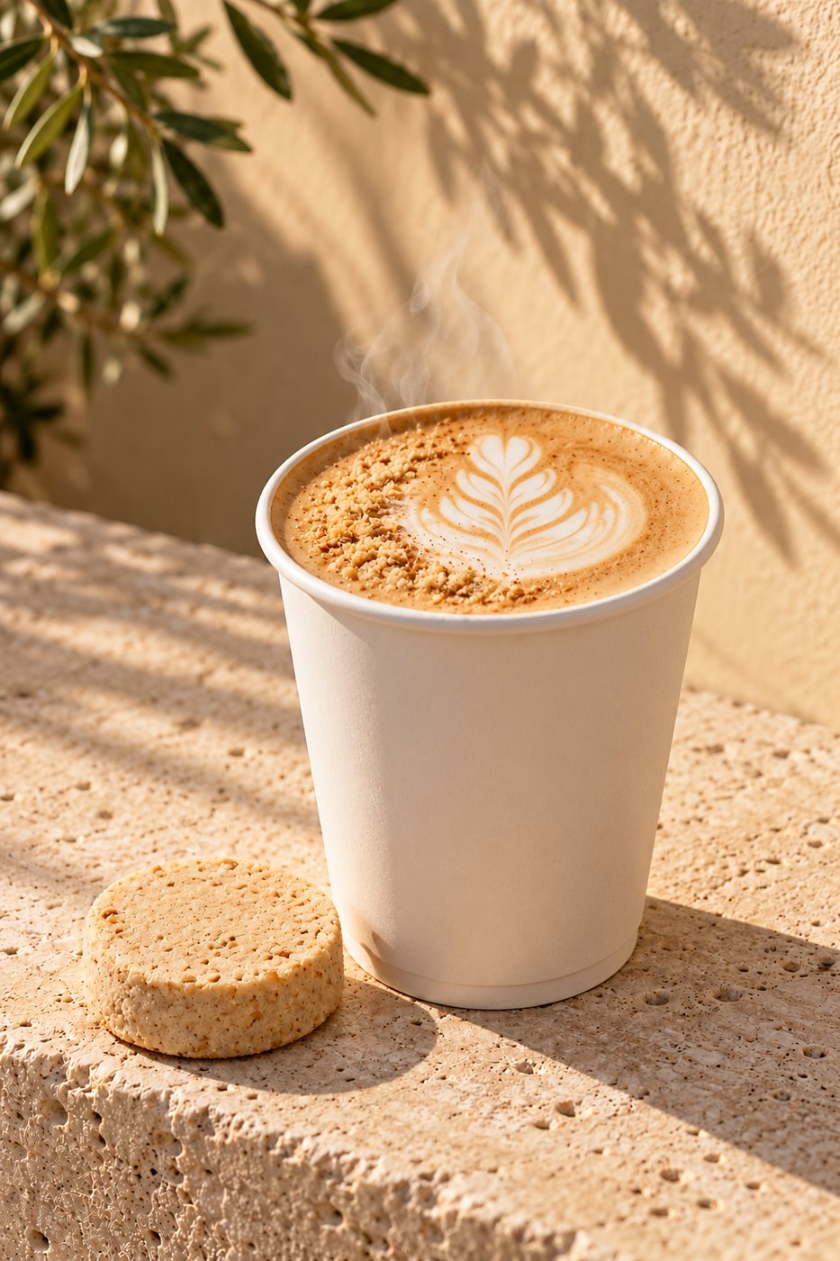 Hot mazapán latte with a mazapán candy