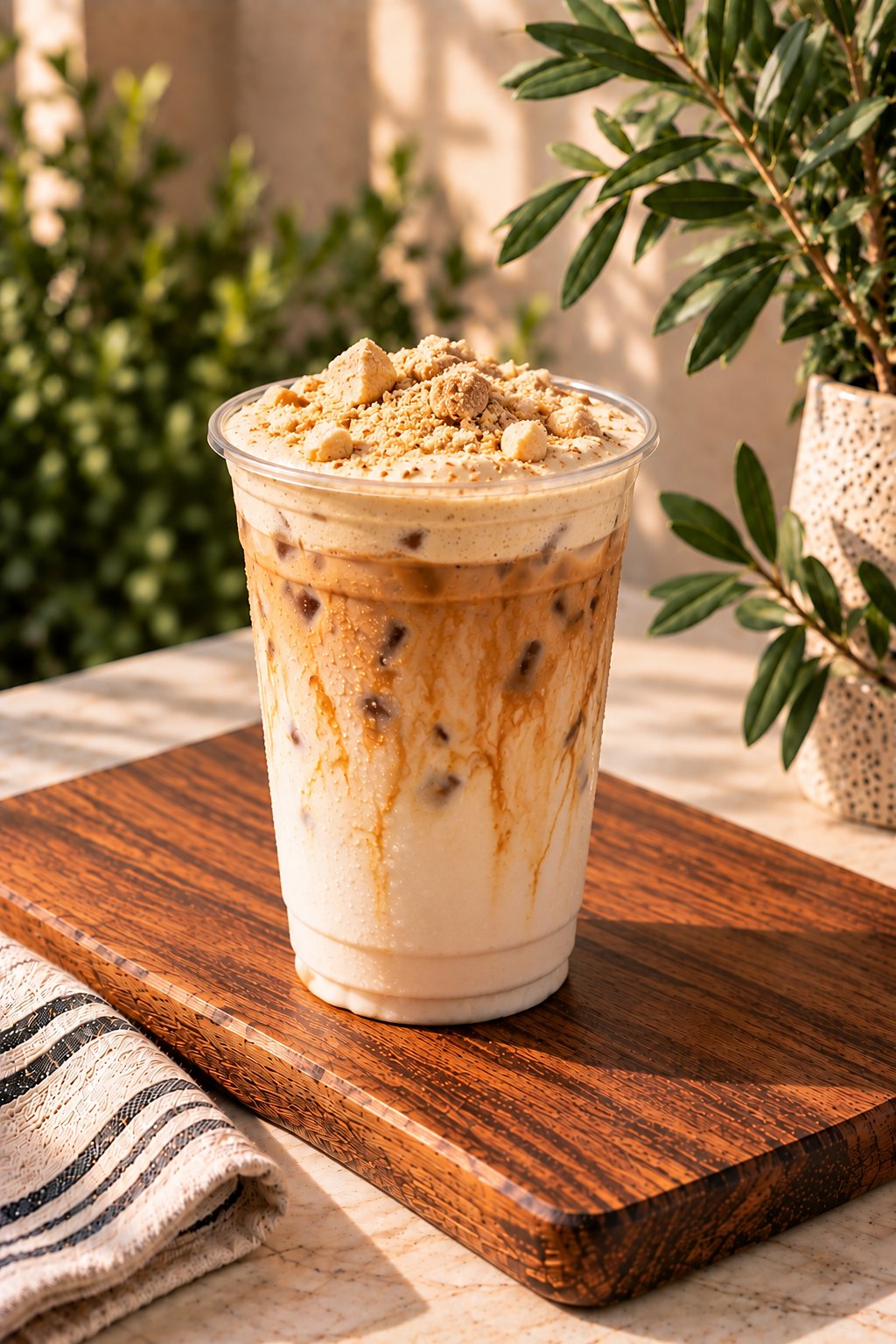 Iced mazapán latte topped with crumbled mazapán