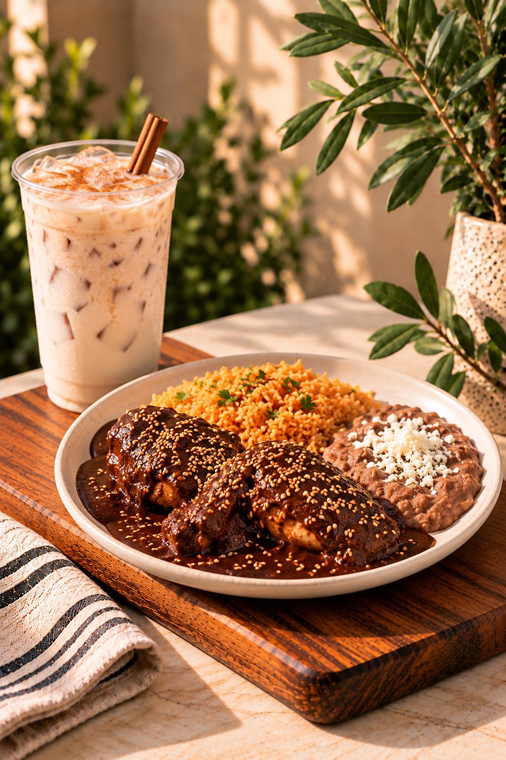 Mole de pollo with rice, refried beans and an iced horchata