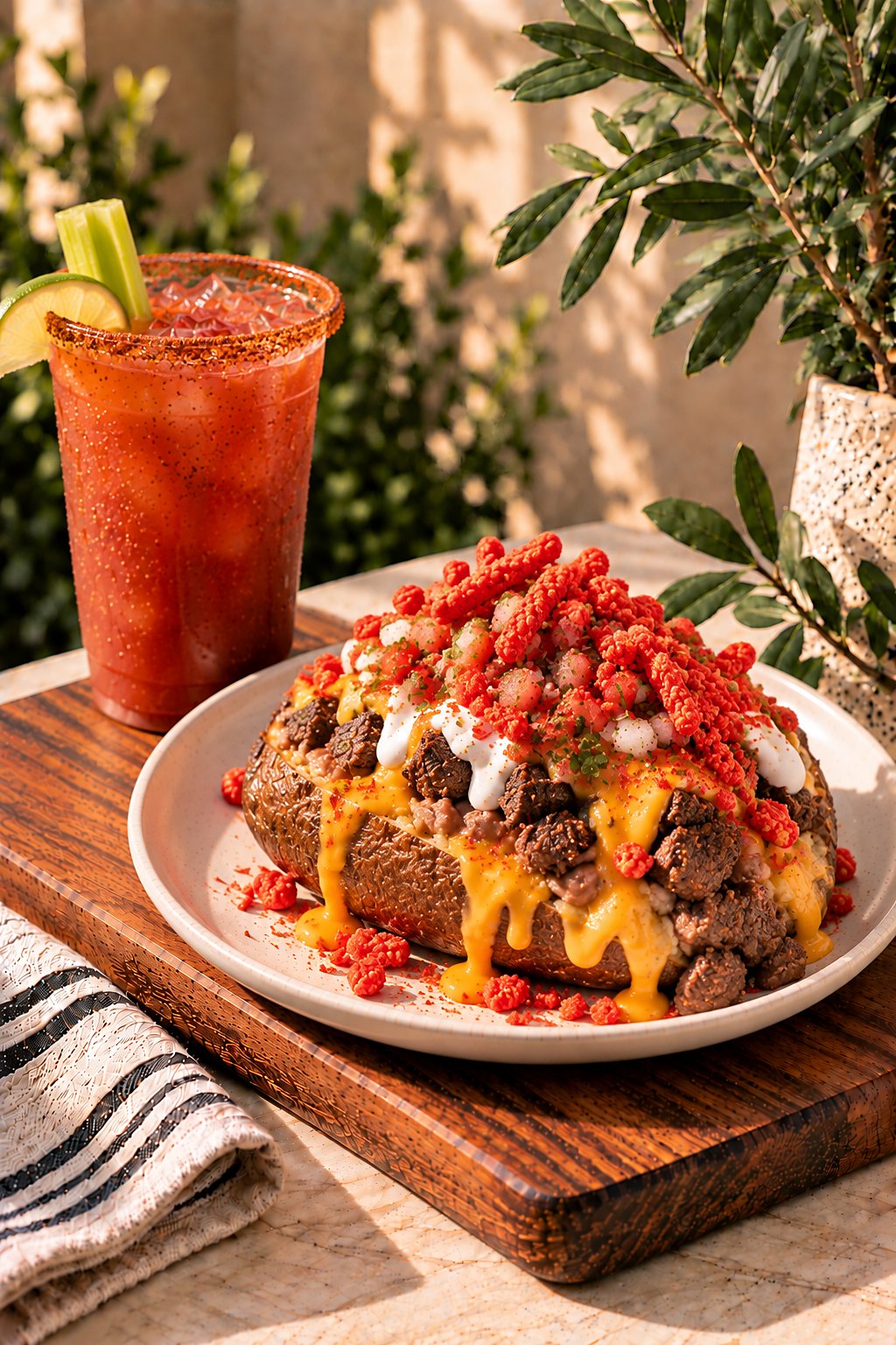 Papas locas: loaded baked potato with asada, cheese and Hot Cheetos