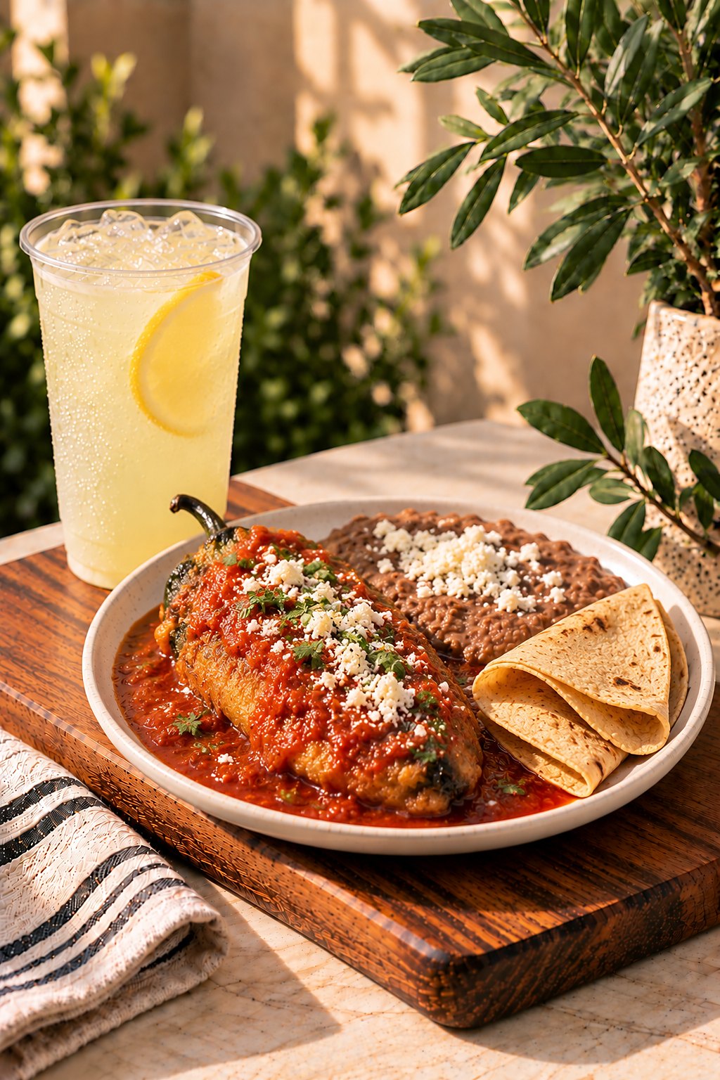 Chile relleno with refried beans and corn tortillas