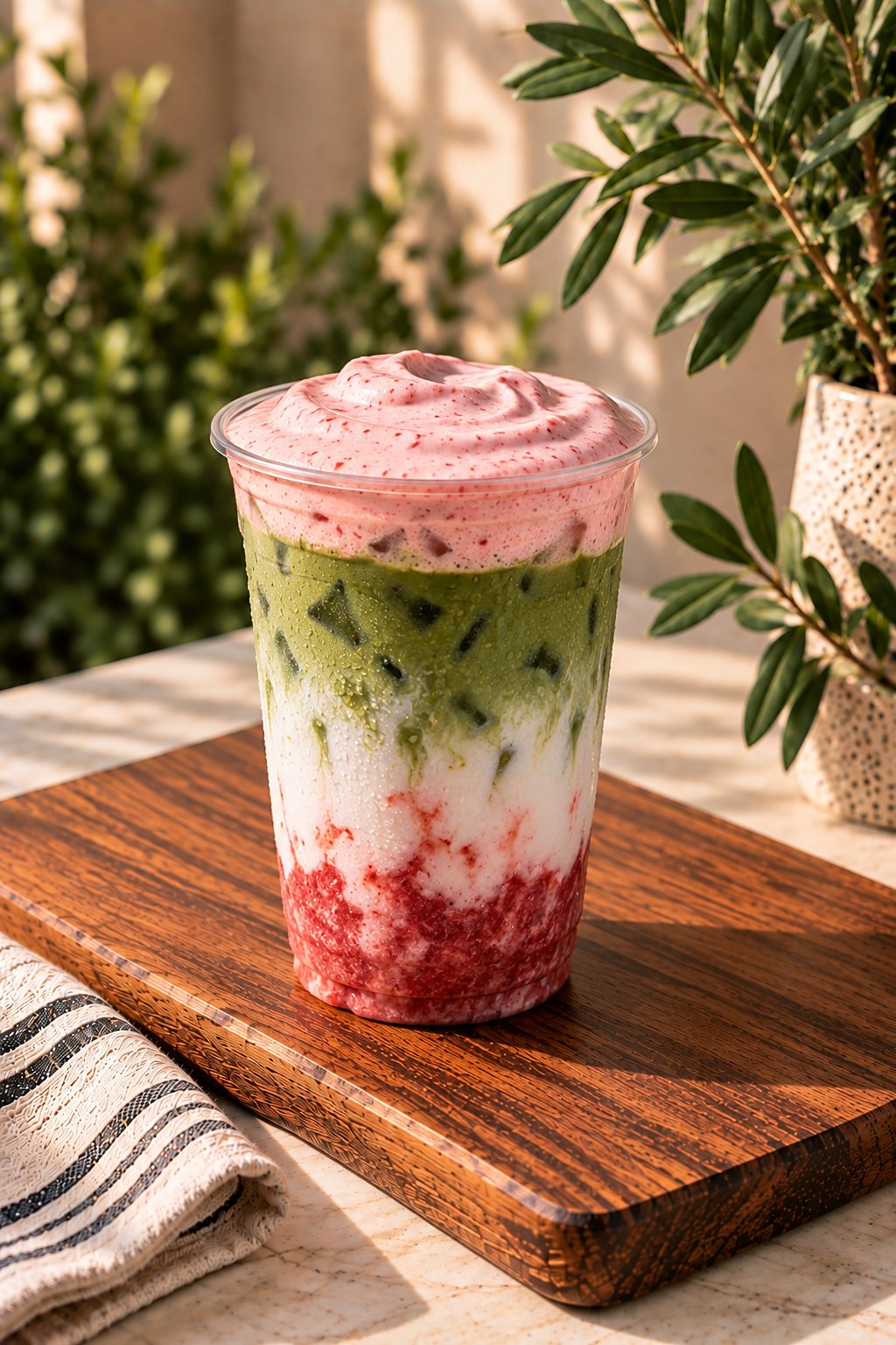 Iced strawberry matcha latte