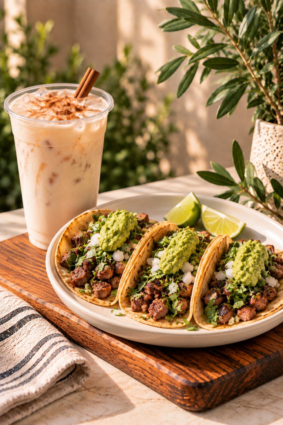 Three asada tacos with guacamole next to an iced horchata