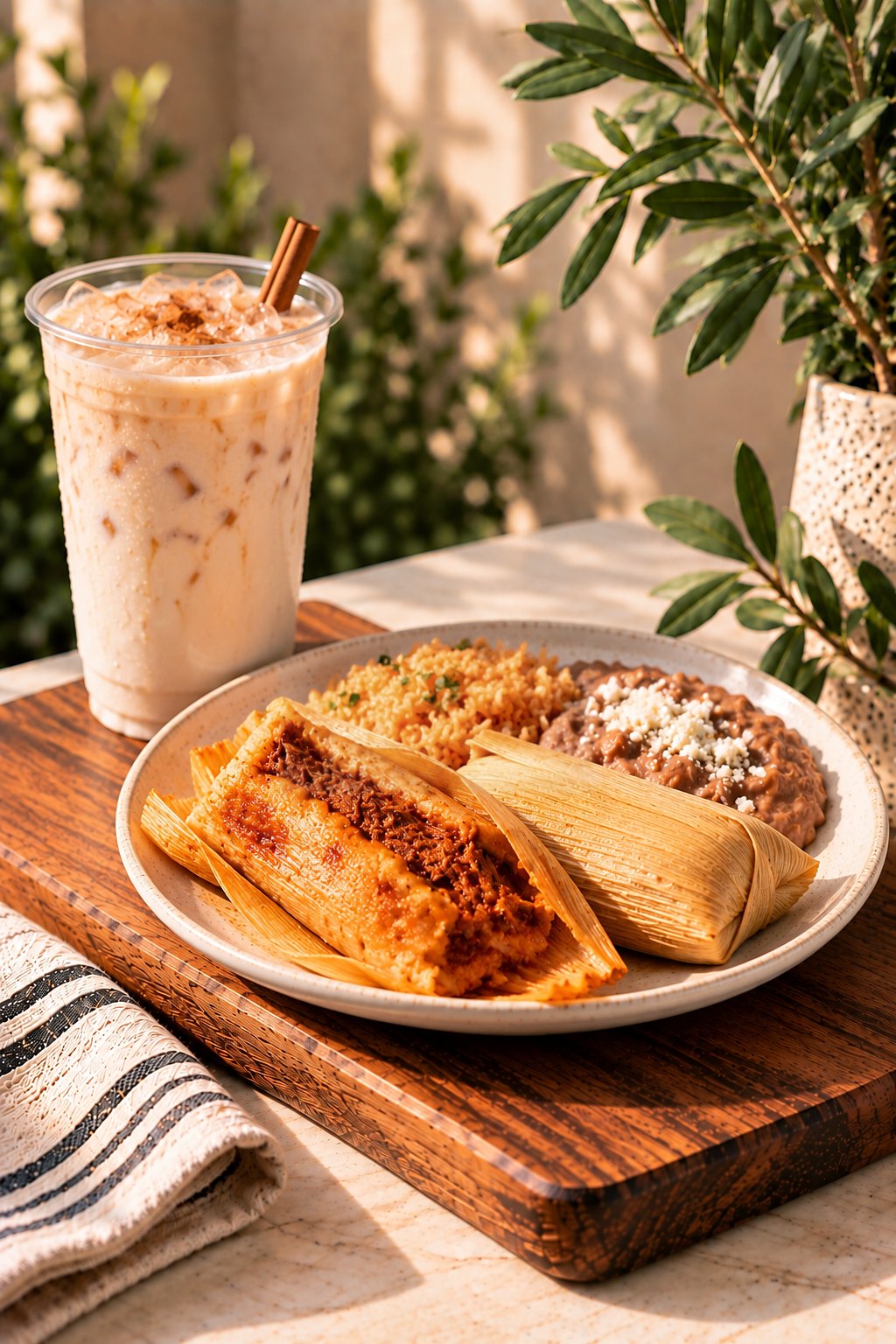 Red pork tamales with refried beans and an iced horchata