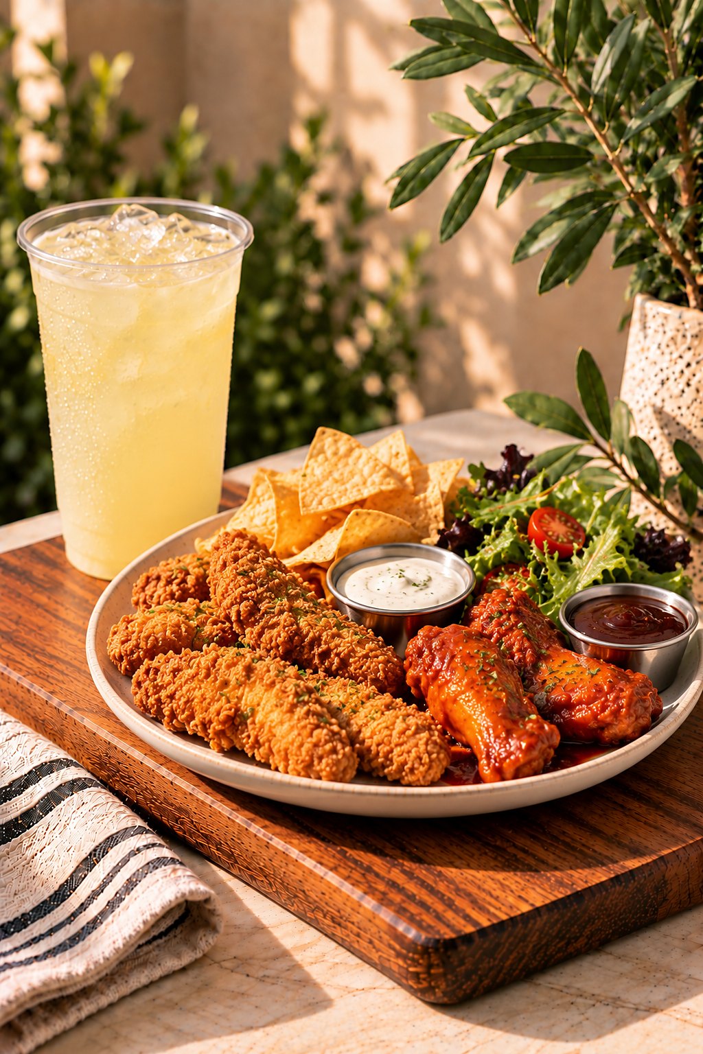 Chicken tenders and wings with dipping sauces
