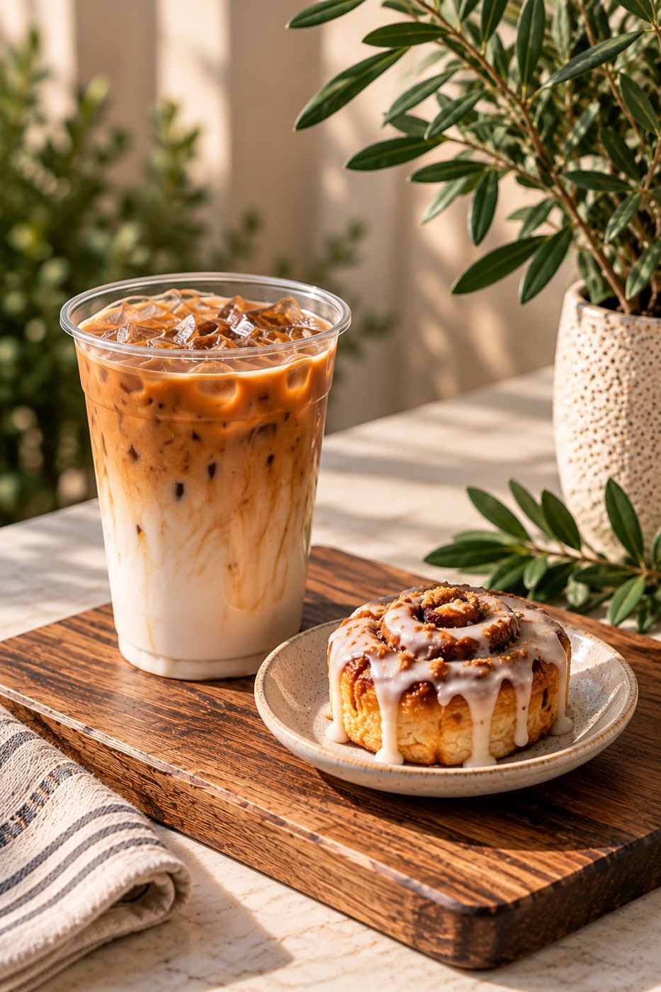 An iced latte with a mini cinnamon roll