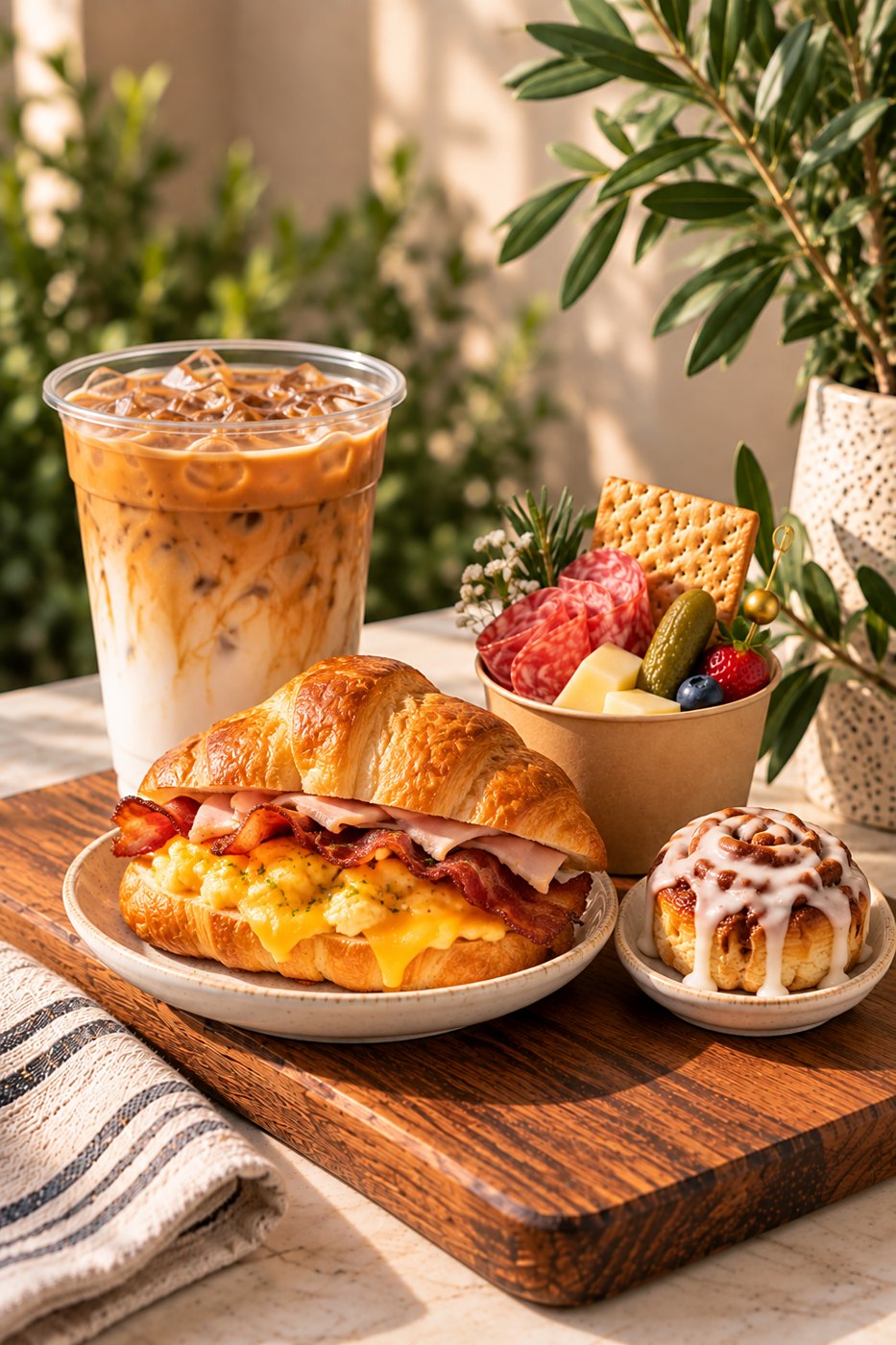 An iced latte, a croissant breakfast sandwich, a charcuterie cup and a mini cinnamon roll