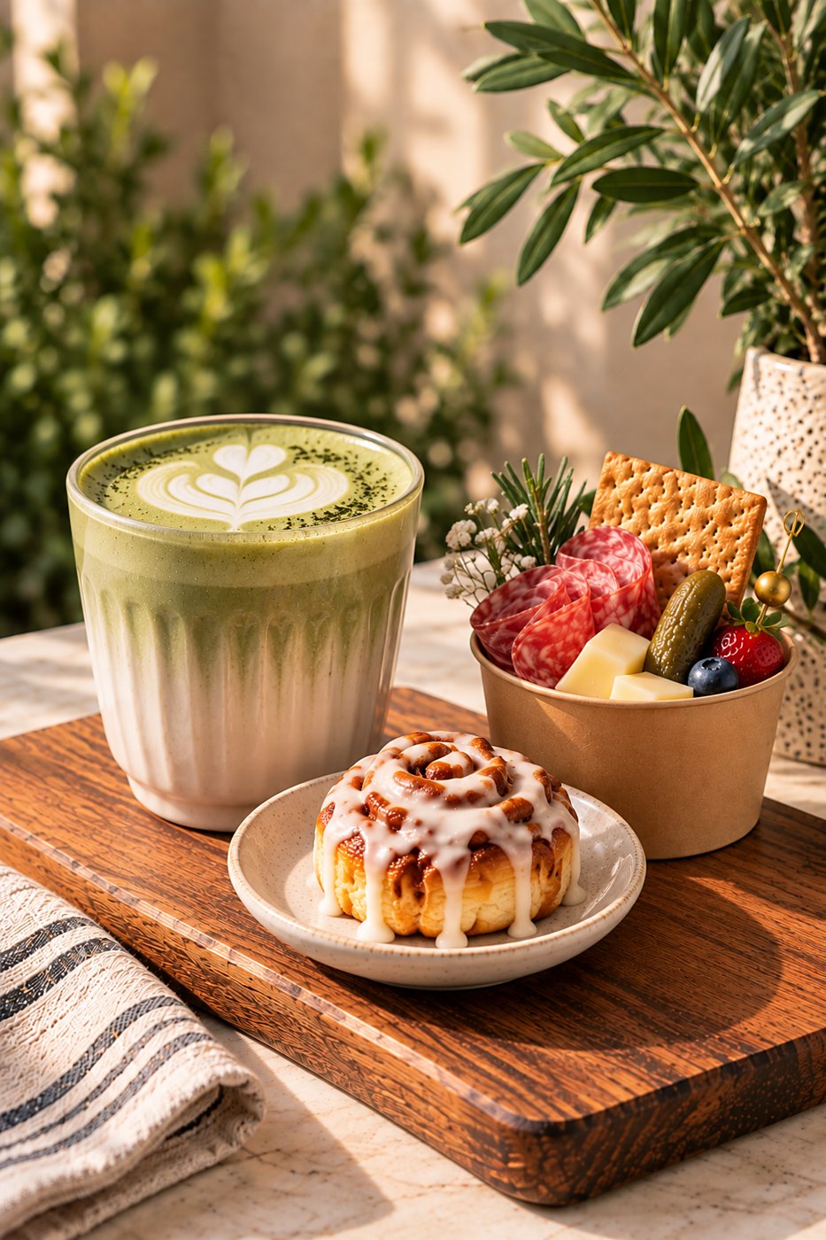 A matcha latte with a mini cinnamon roll and a charcuterie cup